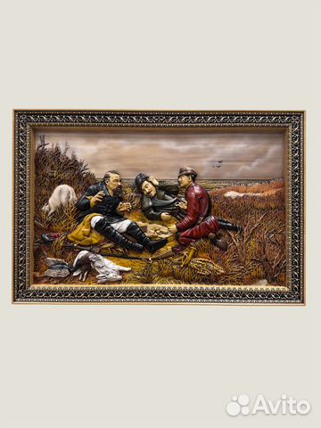 Охотники на привале резная картина из дерева купить с доставкой Охотники на привале резная картина из дерева