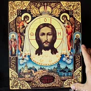 Подарочная икона на дереве "Спас с Архангелами" Ручная работа — фотография 1